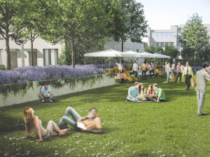 An artist's concept of people enjoying the tiny remnant of green space left after development
