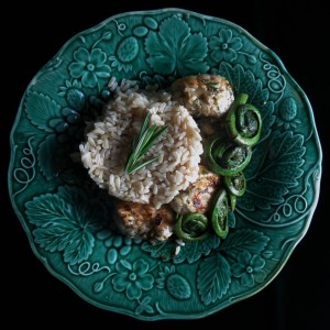 Grilled monkfish with fiddleheads and rice